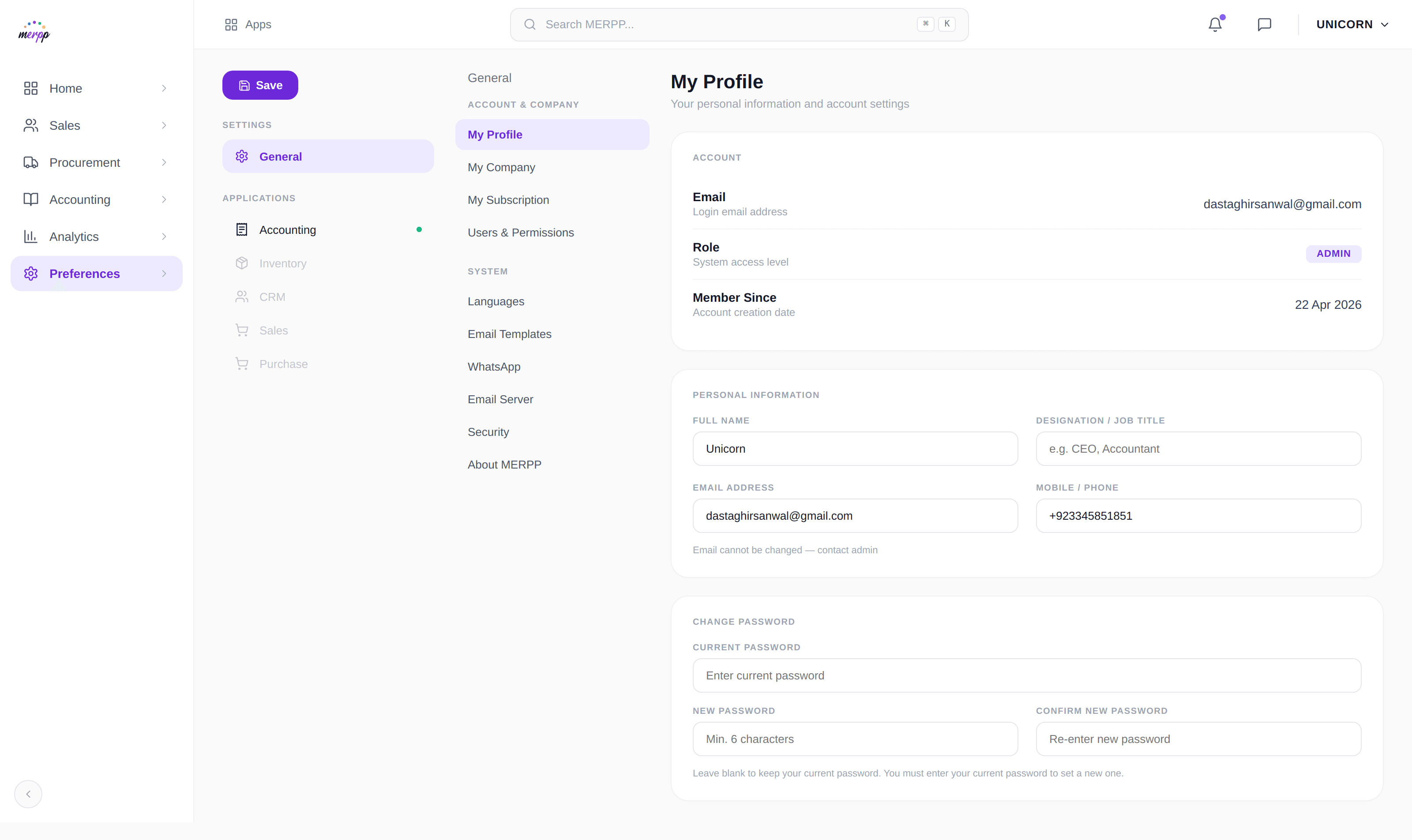 MERPP user settings